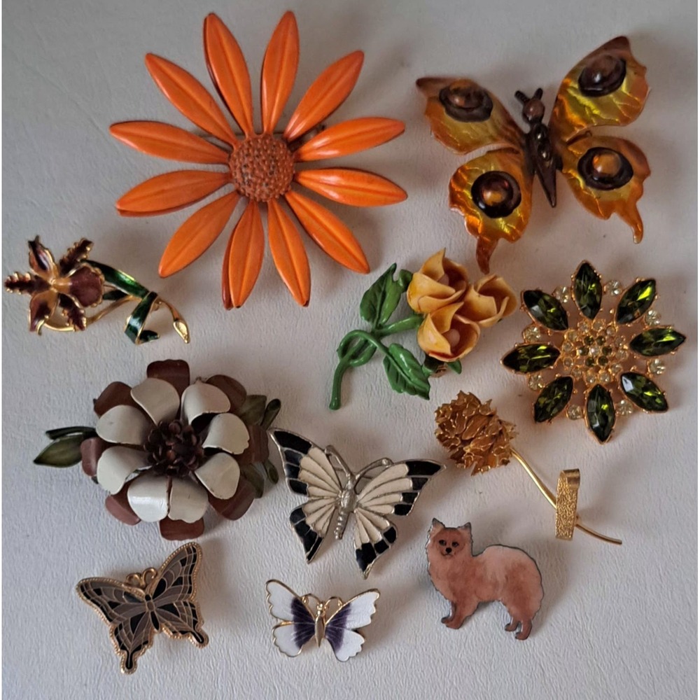 Vintage Enamel Flower Brooch Lot Blooms n Butterflies